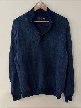 Polo Ralph Lauren 100% Silk Knit Mock Neck Pullover Sweater Blue Button Men’s XL